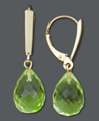 Spice up your look with a touch of green shimmer. Faceted peridot drops (11 ct. t.w.) really shine in a 14k gold leverback setting. Approximate drop: 1-1/8 inches. Spice up your look with a touch of green shimmer. Faceted peridot drops (11 ct. t.w.) really shine in a 14k gold leverback setting. Approximate drop: 1-1/8 inches.