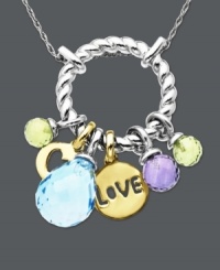 The perfect way to show you care, this adorable pendant says it all. A textured charm ring plays host to sparkling blue topaz (1-5/8 ct. t.w.), peridot (1-5/8 ct. t.w.), amethyst (1 ct. t.w.) and 14k gold love charms. Approximate length: 18 inches. Approximate drop: 1-1/4 inches. The perfect way to show you care, this adorable pendant says it all. A textured charm ring plays host to sparkling blue topaz (1-5/8 ct. t.w.), peridot (1-5/8 ct. t.w.), amethyst (1 ct. t.w.) and 14k gold love charms. Approximate length: 18 inches. Approximate drop: 1-1/4 inches.