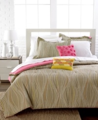 A wavy stripe pattern on a calming tan backdrop offers a relaxed design for your space in this Aurora duvet cover set. Two decorative pillows add pops of pink and yellow for a stand-out look. Reverses to solid. A wavy stripe pattern on a calming tan backdrop offers a relaxed design for your space in this Aurora duvet cover set. Two decorative pillows add pops of pink and yellow for a stand-out look. Reverses to solid.