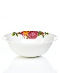 An English classic blooms anew on this white dinnerware. With a cluster of pink and gold blossoms, the Majolica serving bowl from Royal Albert evokes all the elegance of the original Old Country Roses pattern but with a more casual, contemporary feel. An English classic blooms anew on this white dinnerware. With a cluster of pink and gold blossoms, the Majolica serving bowl from Royal Albert evokes all the elegance of the original Old Country Roses pattern but with a more casual, contemporary feel.