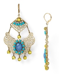 Bold blue and yellow acrylic stones set against gold-plated filigree ensure that Aqua's statement drop earrings perfect color pop style. Bold blue and yellow acrylic stones set against gold-plated filigree ensure that Aqua's statement drop earrings perfect color pop style.