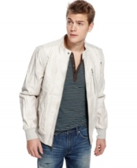 Sleek in all the right places, this moto jacket from Guess instantly transitions your look into the fast lane. Sleek in all the right places, this moto jacket from Guess instantly transitions your look into the fast lane.