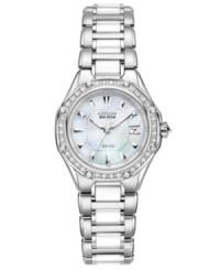 Sweet sophistication: this stunning timepiece from Citizen grabs attention with white ceramic and glistening diamonds. Powered by Eco-Drive, harnessing natural and artificial light, never needing a battery. Sweet sophistication: this stunning timepiece from Citizen grabs attention with white ceramic and glistening diamonds. Powered by Eco-Drive, harnessing natural and artificial light, never needing a battery.