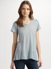 Incredibly soft and lightweight, this seasonless knit has short sleeves and an asymmetrical draped hem.Scoopneck Pullover style Short sleeves Flared, asymmetrical hem About 27 from shoulder to hem Cotton; machine wash Made in USA Incredibly soft and lightweight, this seasonless knit has short sleeves and an asymmetrical draped hem.Scoopneck Pullover style Short sleeves Flared, asymmetrical hem About 27 from shoulder to hem Cotton; machine wash Made in USA