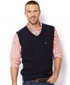 Go from basic to classic by simply layering on this handsome cabled sweater-vest from Nautica.