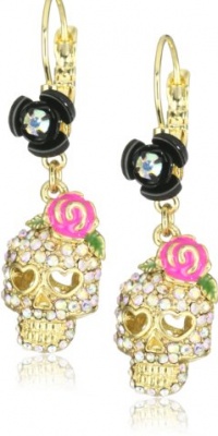 Betsey Johnson Gold-Tone Crystal Skull Pink Flower Drop Earrings Betsey Johnson Gold-Tone Crystal Skull Pink Flower Drop Earrings