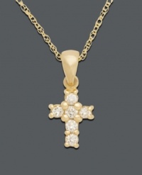 A sparkling token of your faith. Delicately small cross pendant features round-cut diamond (1/8 ct. t.w.) set in 14k gold. Approximate length: 18 inches. Approximate drop: 1/2 inch. A sparkling token of your faith. Delicately small cross pendant features round-cut diamond (1/8 ct. t.w.) set in 14k gold. Approximate length: 18 inches. Approximate drop: 1/2 inch.