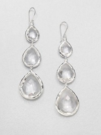 Three sparkling, faceted clear quartz stones set in hammered sterling silver in a long, drop design. Clear quartzSterling silverDrop, about 2.75Hook backImported 