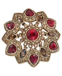 Stylish stones set this pin from Carolee apart. Crafted from gold-tone mixed metal, the brooch makes a strong statement with simulated pearls and moody glass accents. Approximate diameter: 1-3/4 inches. Stylish stones set this pin from Carolee apart. Crafted from gold-tone mixed metal, the brooch makes a strong statement with simulated pearls and moody glass accents. Approximate diameter: 1-3/4 inches.