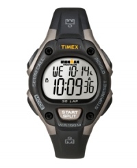 The iconic Timex Ironman watch with functions for athletes at every level. Black resin strap and round gray case. Black bezel with four lugs and yellow logo. Digital display dial features initial time, day, date and seconds. Quartz movement. Water resistant to 100 meters. One-year limited warranty. The iconic Timex Ironman watch with functions for athletes at every level. Black resin strap and round gray case. Black bezel with four lugs and yellow logo. Digital display dial features initial time, day, date and seconds. Quartz movement. Water resistant to 100 meters. One-year limited warranty.