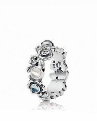 An ornate floral ring in shiny sterling silver from PANDORA, punctuated with polished topaz, moonstone and zirconia cabochons. An ornate floral ring in shiny sterling silver from PANDORA, punctuated with polished topaz, moonstone and zirconia cabochons.