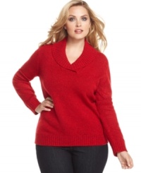 Stay chic in cooler temps with Karen Scott's plus size sweater, finished by a shawl collar. Stay chic in cooler temps with Karen Scott's plus size sweater, finished by a shawl collar.