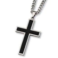 Black Carbon Fiber and Polished Stainless Steel Cross Necklace on 24 Inch Chain Black Carbon Fiber and Polished Stainless Steel Cross Necklace on 24 Inch Chain
