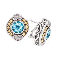 925 Silver, Blue Topaz & Heart Diamond Round Earrings with 18k Gold Accents (0.20ctw)