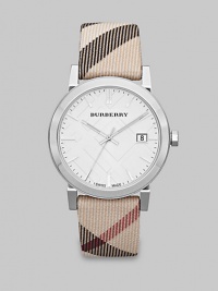 A true signature design with a check etched dial and a check strap. Quartz movementWater resistant to 5 ATMRound stainless steel case, 38mm (1.5) Smooth bezelSilver check stamped dialBar hour markersDate display at 3 o'clockSecond hand Nova check strapMade in Switzerland A true signature design with a check etched dial and a check strap. Quartz movementWater resistant to 5 ATMRound stainless steel case, 38mm (1.5) Smooth bezelSilver check stamped dialBar hour markersDate display at 3 o'clockSecond hand Nova check strapMade in Switzerland
