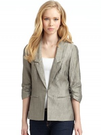 THE LOOKNotch lapelFront hook closureThree-quarter length ruched sleevesPrincess seamsFront slash pocketsBack double vent hemTHE FITAbout 25 from shoulder to hemTHE MATERIAL88% linen/12% polyamideFully linedCARE & ORIGINDry clean Made in USAModel shown is 5'10 (178cm) wearing US size 4. THE LOOKNotch lapelFront hook closureThree-quarter length ruched sleevesPrincess seamsFront slash pocketsBack double vent hemTHE FITAbout 25 from shoulder to hemTHE MATERIAL88% linen/12% polyamideFully linedCARE & ORIGINDry clean Made in USAModel shown is 5'10 (178cm) wearing US size 4.