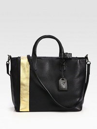A pebbled leather design with a metallic stripe and versatile detachable strap that reflects the brand's modern sensiblities.Double top handles, 4 dropDetachable adjustable shoulder strap, 17½-18¼ dropTop zip closure with turnlock zipper pullsOne inside zip pocketTwo inside open pocketsCotton lining15W X 12½H X 6½DImported A pebbled leather design with a metallic stripe and versatile detachable strap that reflects the brand's modern sensiblities.Double top handles, 4 dropDetachable adjustable shoulder strap, 17½-18¼ dropTop zip closure with turnlock zipper pullsOne inside zip pocketTwo inside open pocketsCotton lining15W X 12½H X 6½DImported