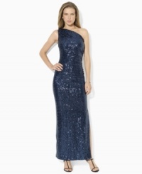 The eye-catching glimmer of sequins lights up Lauren Ralph Lauren's timeless one-shoulder dress with elegant ruching at the left waist. The eye-catching glimmer of sequins lights up Lauren Ralph Lauren's timeless one-shoulder dress with elegant ruching at the left waist.