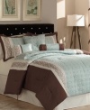 An embroidered geometric circular pattern, over waves of cool blue color, creates luxurious texture in this Ashbery comforter set. Pieces are accented with contrasting brown and cream tones. Comes complete with bedskirt, shams and three delicate decorative pillows for an exquisite allure. (Clearance)