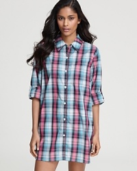 Whether you wear the sleeves long or rolled up, you will feel nothing but comfort in this plaid sleepshirt from DKNY. Whether you wear the sleeves long or rolled up, you will feel nothing but comfort in this plaid sleepshirt from DKNY.