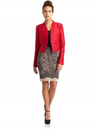 THE LOOKNotched lapelsOne-button frontLong sleeves with knit back insetsDual front welt pocketsFront cutaway hemDecorative back overlaysTHE FITAbout 17 from shoulder to longest point of hemTHE MATERIAL81% cotton/14% silk/5% spandexContrast: 65% rayon/30% nylon/5% spandexFully linedCARE & ORIGINDry cleanImportedModel shown is 5'8 (172½cm) wearing US size Small. THE LOOKNotched lapelsOne-button frontLong sleeves with knit back insetsDual front welt pocketsFront cutaway hemDecorative back overlaysTHE FITAbout 17 from shoulder to longest point of hemTHE MATERIAL81% cotton/14% silk/5% spandexContrast: 65% rayon/30% nylon/5% spandexFully linedCARE & ORIGINDry cleanImportedModel shown is 5'8 (172½cm) wearing US size Small.