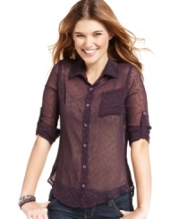 Crafted from clip-dot chiffon, Fresh Brewed's roll-tab button-down top brings texture to your easygoing day look. Crafted from clip-dot chiffon, Fresh Brewed's roll-tab button-down top brings texture to your easygoing day look.