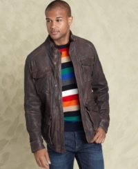 You'll wish it was winter year-round just so you can sport this handsome leather jacket by Tommy Hilfiger. You'll wish it was winter year-round just so you can sport this handsome leather jacket by Tommy Hilfiger.