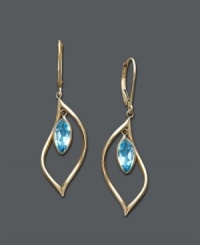 Cool blues. Earrings feature bezel-set blue topaz drops (2-1/2 ct. t.w.) crafted in a dainty 14k gold hoop setting. Approximate drop: 1-1/2 inches. Cool blues. Earrings feature bezel-set blue topaz drops (2-1/2 ct. t.w.) crafted in a dainty 14k gold hoop setting. Approximate drop: 1-1/2 inches.