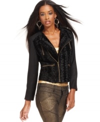 A textured panel adds and asymmetrical zipper adds stylish flair to this chic MM Couture motorcycle jacket! A textured panel adds and asymmetrical zipper adds stylish flair to this chic MM Couture motorcycle jacket!