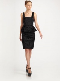 A stunning, structural silhouette rendered in luxe cotton jacquard and shaped with a ruffled peplum detail.Square necklineSleevelessExposed back zipSheer back panelsPeplum waist detailBack ventAbout 18 from natural waist68% cotton/30% viscose/2% elasticDry cleanImportedModel shown is 5'9½ (176cm) wearing US size 4. A stunning, structural silhouette rendered in luxe cotton jacquard and shaped with a ruffled peplum detail.Square necklineSleevelessExposed back zipSheer back panelsPeplum waist detailBack ventAbout 18 from natural waist68% cotton/30% viscose/2% elasticDry cleanImportedModel shown is 5'9½ (176cm) wearing US size 4.