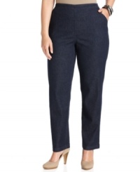 Infuse a sophisticated feel to your casual wardrobe with Karen Scott's plus size straight leg jeans, finished by a dark wash. Infuse a sophisticated feel to your casual wardrobe with Karen Scott's plus size straight leg jeans, finished by a dark wash.