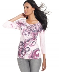 This three-quarter sleeve top features a beautiful floral scroll print and dazzling studding at the chest. From Style&co. for Susan G. Komen. This three-quarter sleeve top features a beautiful floral scroll print and dazzling studding at the chest. From Style&co. for Susan G. Komen.