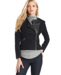An edgy moto-inspired silhouette gets redone in luxe boucle for the perfect combination of chic and edgy, from DKNY Jeans' petite collection. An edgy moto-inspired silhouette gets redone in luxe boucle for the perfect combination of chic and edgy, from DKNY Jeans' petite collection.