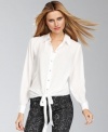 Sparkling rhinestone buttons and self-tie touches add romance to INC's classic shirt.