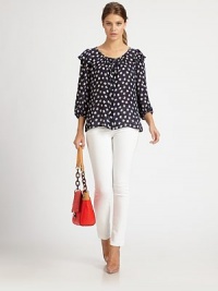 A playful take on the ladylike trend, ruffle trim and a clover print renew this silk bishop-sleeve blouse. Ruffle-trim roundneck with self-tieRuffle-trim shouldersButton frontThree-quarter sleeve bishop sleevesSilkDry cleanMade in USA of imported fabricSIZE & FITModel shown is 5'10 (177cm) wearing US size 4. A playful take on the ladylike trend, ruffle trim and a clover print renew this silk bishop-sleeve blouse. Ruffle-trim roundneck with self-tieRuffle-trim shouldersButton frontThree-quarter sleeve bishop sleevesSilkDry cleanMade in USA of imported fabricSIZE & FITModel shown is 5'10 (177cm) wearing US size 4.
