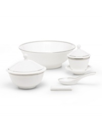 Add spice to the table with a dash of Asian flavor. The teacup and saucer present pure white bone china adorned with a border of textured platinum ribbon. The perfect piece to round out the Grosgrain collection of Wedgwood dinnerware and dishes. Shown at right. Add spice to the table with a dash of Asian flavor. The teacup and saucer present pure white bone china adorned with a border of textured platinum ribbon. The perfect piece to round out the Grosgrain collection of Wedgwood dinnerware and dishes. Shown at right.