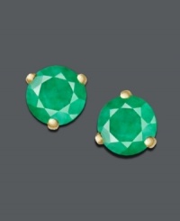 Spruce up your look in a bold, splash of green. Stud earrings feature round-cut emeralds (1/8 ct. t.w.) in a 14k gold post setting. Approximate diameter: 1/8 inch. Spruce up your look in a bold, splash of green. Stud earrings feature round-cut emeralds (1/8 ct. t.w.) in a 14k gold post setting. Approximate diameter: 1/8 inch.