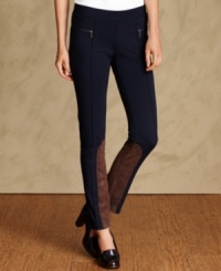 Add a little equestrian style to your wardrobe with Tommy Hilfiger's surprisingly versatile ponte-knit pants, complete with faux-suede insets at the hems. Add a little equestrian style to your wardrobe with Tommy Hilfiger's surprisingly versatile ponte-knit pants, complete with faux-suede insets at the hems.