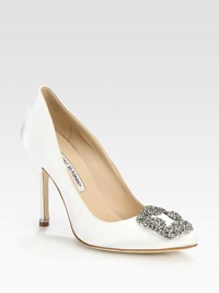 Timeless shape of elegant satin, finished with a luminous jewel embellishment.Self-covered heel, 4 (100mm) Satin and jewel-embellished upper Leather lining and sole Padded insole Made in ItalyOUR FIT MODEL RECOMMENDS ordering one size up as this style runs small. Timeless shape of elegant satin, finished with a luminous jewel embellishment.Self-covered heel, 4 (100mm) Satin and jewel-embellished upper Leather lining and sole Padded insole Made in ItalyOUR FIT MODEL RECOMMENDS ordering one size up as this style runs small.