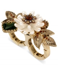 Fashion fully bloomed, by Betsey Johnson. This two-finger ring displays pearl colored flowers with topaz crystal accents, green crystal gems, and gold tone leaves. Stretches to fit fingers. Crafted in gold tone mixed metal. Size 7-1/2. Fashion fully bloomed, by Betsey Johnson. This two-finger ring displays pearl colored flowers with topaz crystal accents, green crystal gems, and gold tone leaves. Stretches to fit fingers. Crafted in gold tone mixed metal. Size 7-1/2.