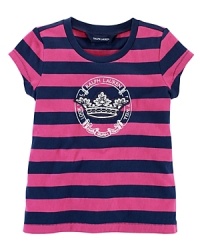 Seize the day in this bold striped cotton jersey tee accented with an applied heart graphic print for rocker-chic style. Seize the day in this bold striped cotton jersey tee accented with an applied heart graphic print for rocker-chic style.
