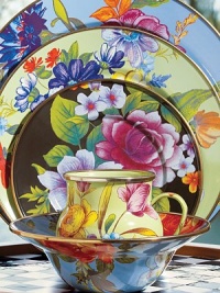 A vibrant bouquet of flowers blossoms on an enameled steel charger, hand decorated to create the ideal touch of color on a summertime table. From the Flower Market Collection Front and back design Bronzed stainless steel rim 12 diam. Dishwasher safe Imported A vibrant bouquet of flowers blossoms on an enameled steel charger, hand decorated to create the ideal touch of color on a summertime table. From the Flower Market Collection Front and back design Bronzed stainless steel rim 12 diam. Dishwasher safe Imported
