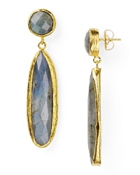 Coralia Leets has refined daytime jewelry by blending natural stones with elegantly simple construction. Here the designer combines labradorite and 22-karat gold to create a pair of delicate drop earrings. Coralia Leets has refined daytime jewelry by blending natural stones with elegantly simple construction. Here the designer combines labradorite and 22-karat gold to create a pair of delicate drop earrings.