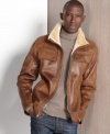 Cold-weather style is heating up with this medium-weight bomber coat with faux-shearling lining from Calvin Klein.