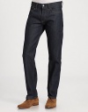 A straight-leg silhouette that resembles a well-tailored trouser, is accented with contrast stitching in a rich, indigo wash.Five-pocket styleInseam, about 34CottonMachine washImported