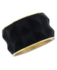 Black and gold brings edgy elegance to Vince Camuto's bracelet style. A pyramid design boasts rich leather. Crafted in gold tone mixed metal. Approximate diameter: 2-1/2 inches. Black and gold brings edgy elegance to Vince Camuto's bracelet style. A pyramid design boasts rich leather. Crafted in gold tone mixed metal. Approximate diameter: 2-1/2 inches.