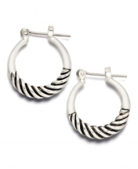 Mini hoops with just the right amount of style. These Alfani earrings combine silver tone and hematite tone mixed metal in an intricate, twisted design. Approximate diameter: 3/4 inch.