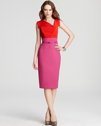 This Black Halo dress makes color blocking look ultra-sophisticated with a waist-defining belt and office-ready sheath silhouette. This Black Halo dress makes color blocking look ultra-sophisticated with a waist-defining belt and office-ready sheath silhouette.