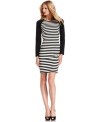Solid sleeves emphasis the bold stripes of MICHAEL Michael Kors' ponte-knit dress, while gold zippers at the shoulders add an element of luxe. Solid sleeves emphasis the bold stripes of MICHAEL Michael Kors' ponte-knit dress, while gold zippers at the shoulders add an element of luxe.