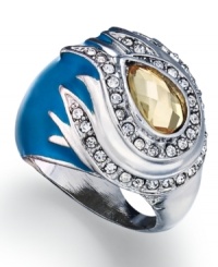 Eye-catching style. This stunning ring from Bar III catches looks with clear stone accents, blue enamel and topaz-colored stone eye. Crafted in silver tone mixed metal. Size 7. Eye-catching style. This stunning ring from Bar III catches looks with clear stone accents, blue enamel and topaz-colored stone eye. Crafted in silver tone mixed metal. Size 7.